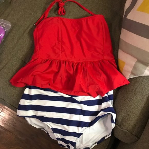 red white and blue high waisted swimsuit